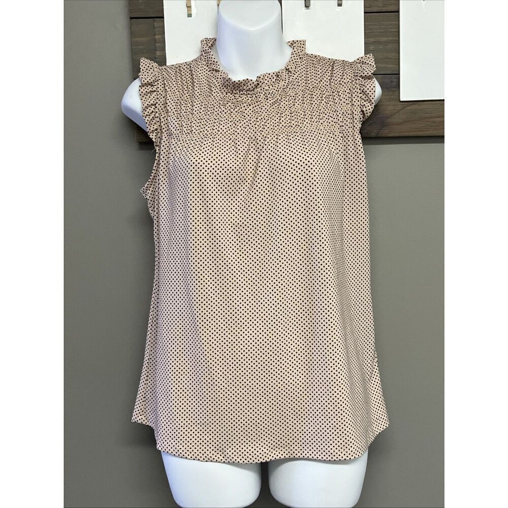 Adrianna Papell Light Pink Black Polka Dot Sleeveless Ruffle High Neck Top-Small